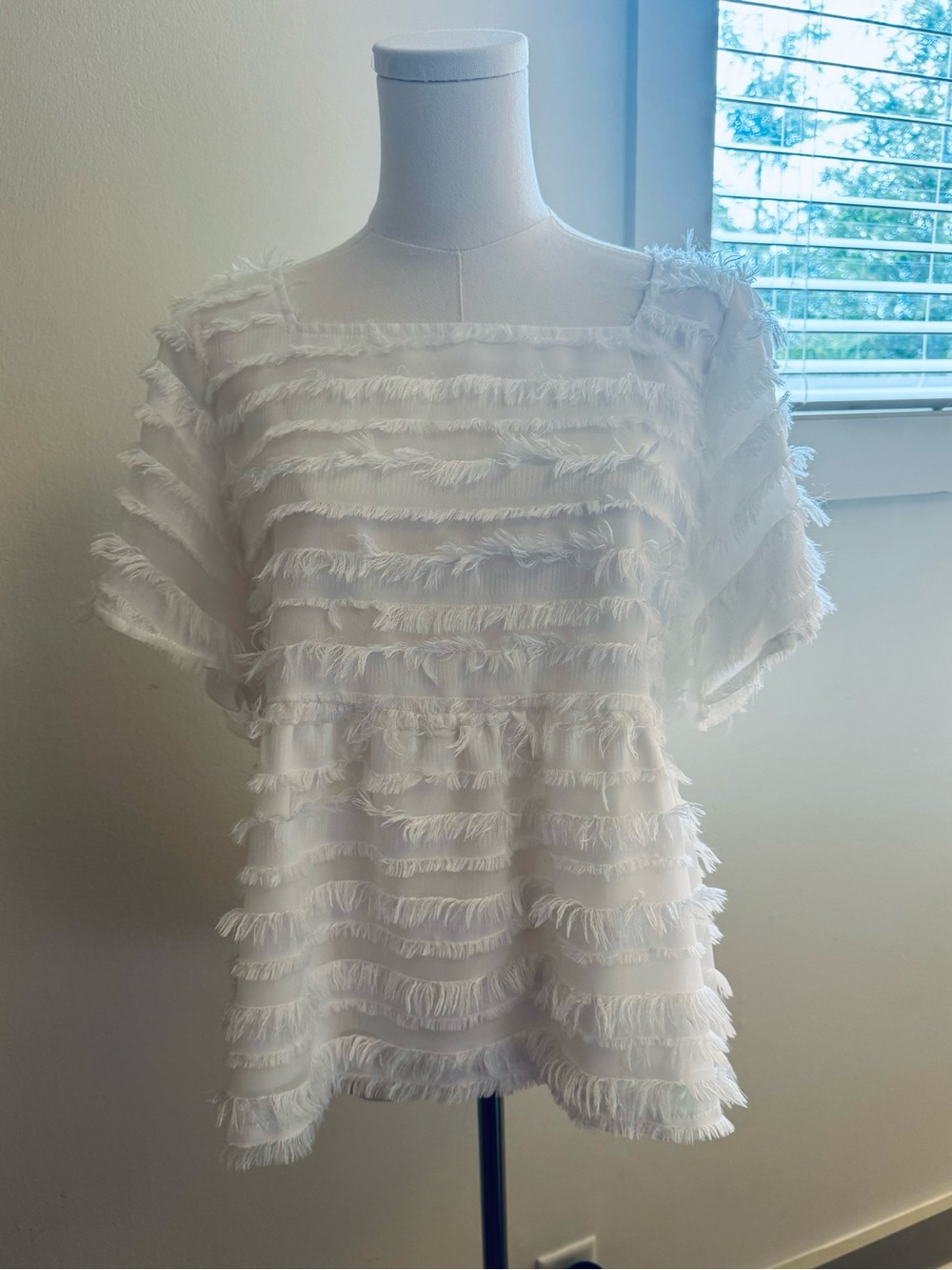 Polagram White Fringe Square-Neck Blouse